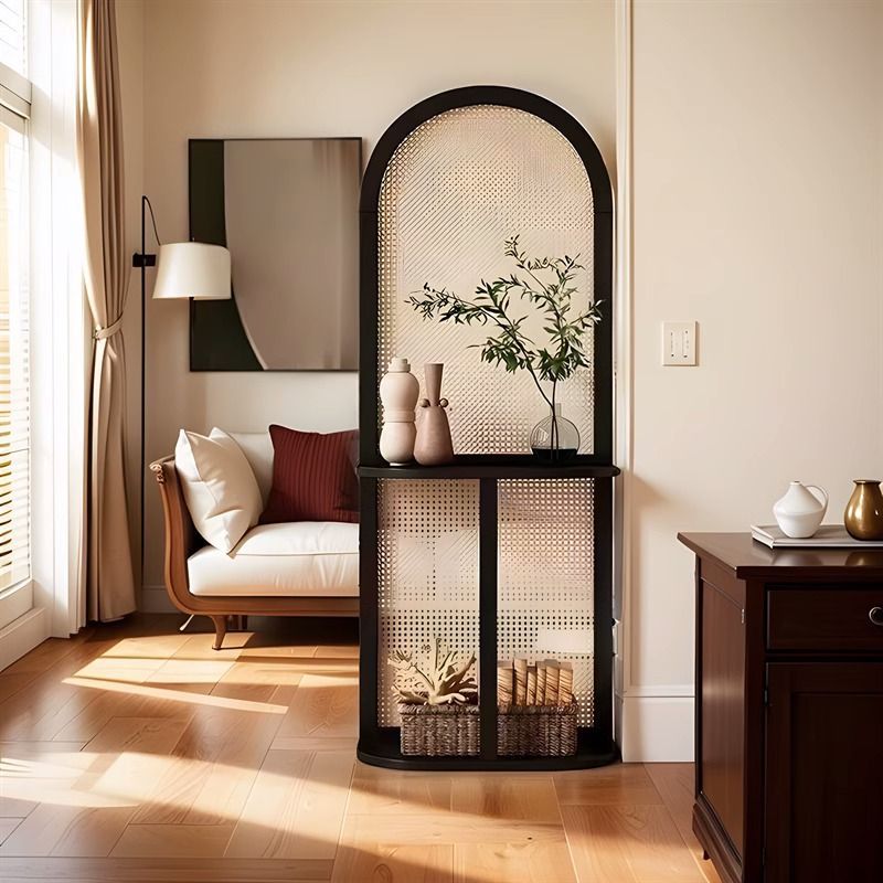 Traditional Chinese Rectangular Room Divider in Rubberwood Solid Wood with Plastic Panels and Storage Shelf – 2- or 4-Tier, for Living Room