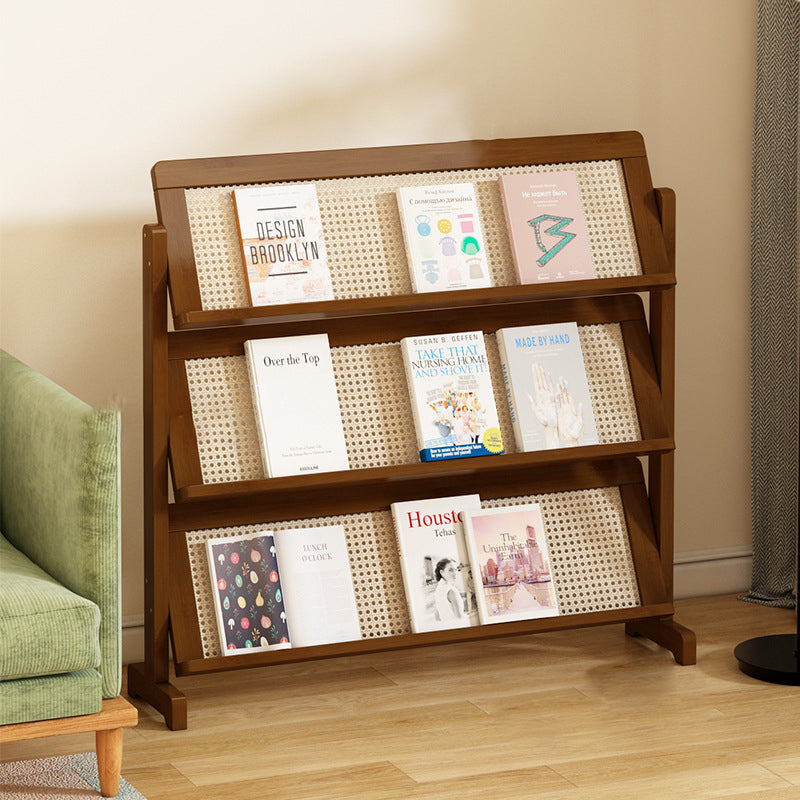 Contemporary 3-Tier Bamboo Rattan-Weave Bookshelf, Square Oblique Design for Living Room