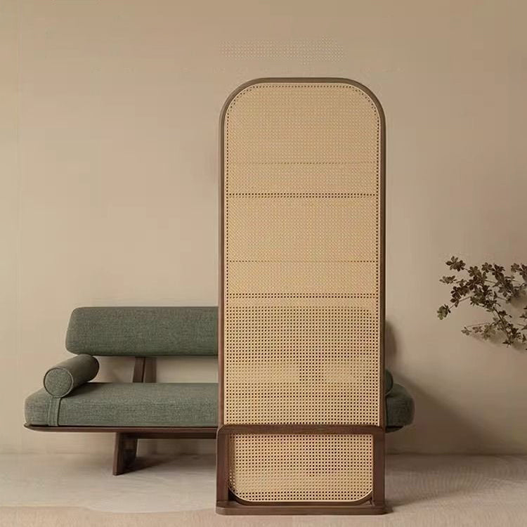 Traditional Chinese-Style Rubberwood Solid Wood Room Divider with PE Rattan Accents and 3-Tier Storage Shelf for Living Room