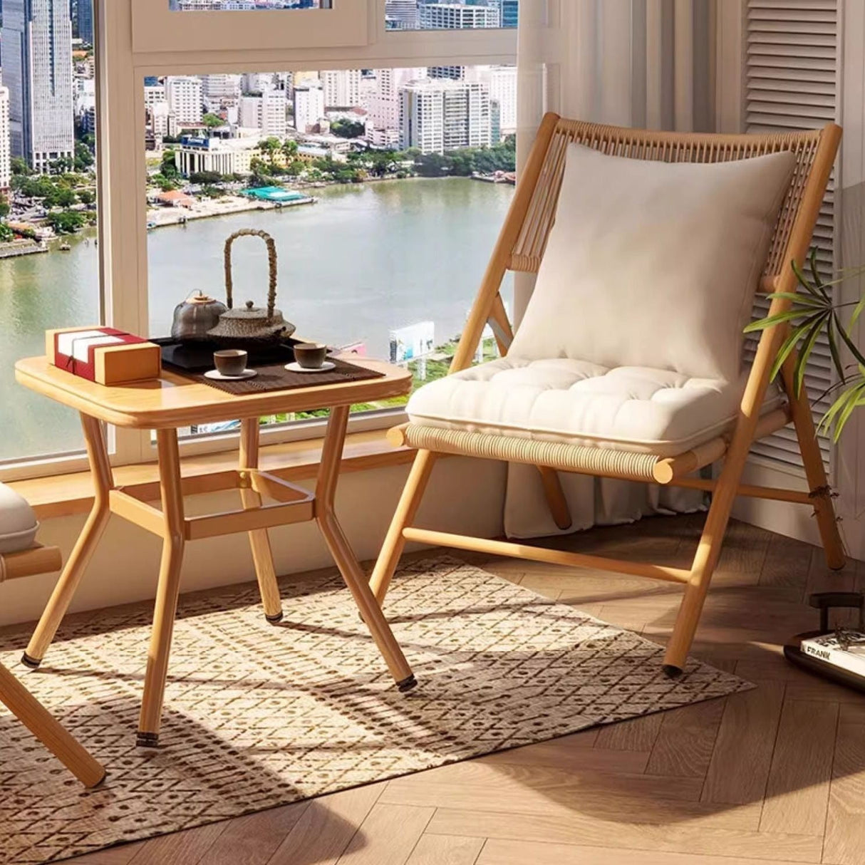 Traditional Chinese Style Square Carbon Steel Table & Chair Set with Tempered Glass Top and PE Rattan, Foldable Backrest for Outdoor Patio