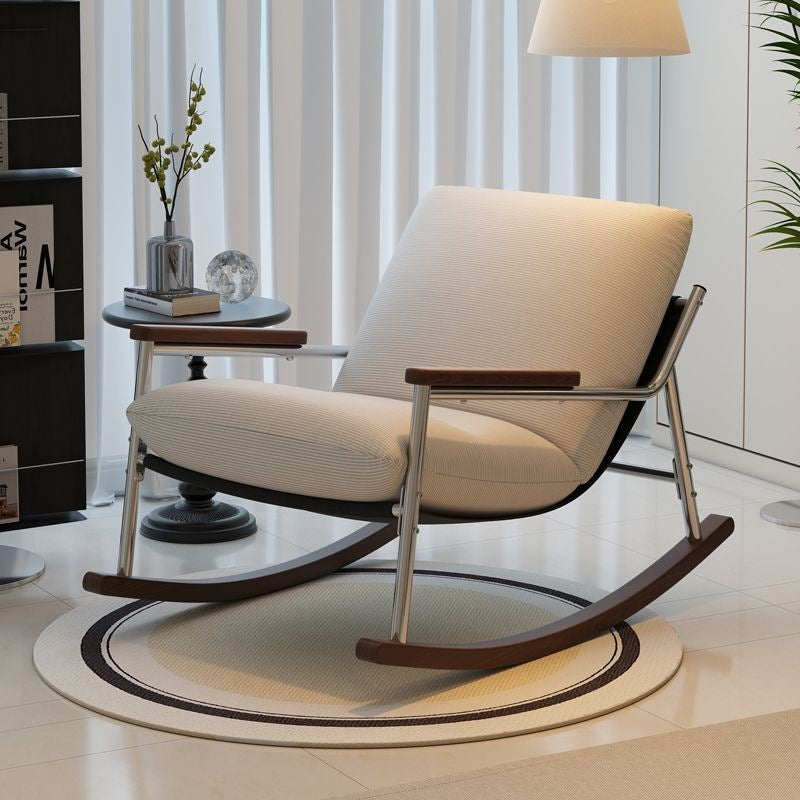 Modern Scandinavian Rocking Chair with Silver-Plated Iron Frame, Corduroy Upholstery, PP Cotton Cushions, and Solid Rubberwood — Ideal for Living Room