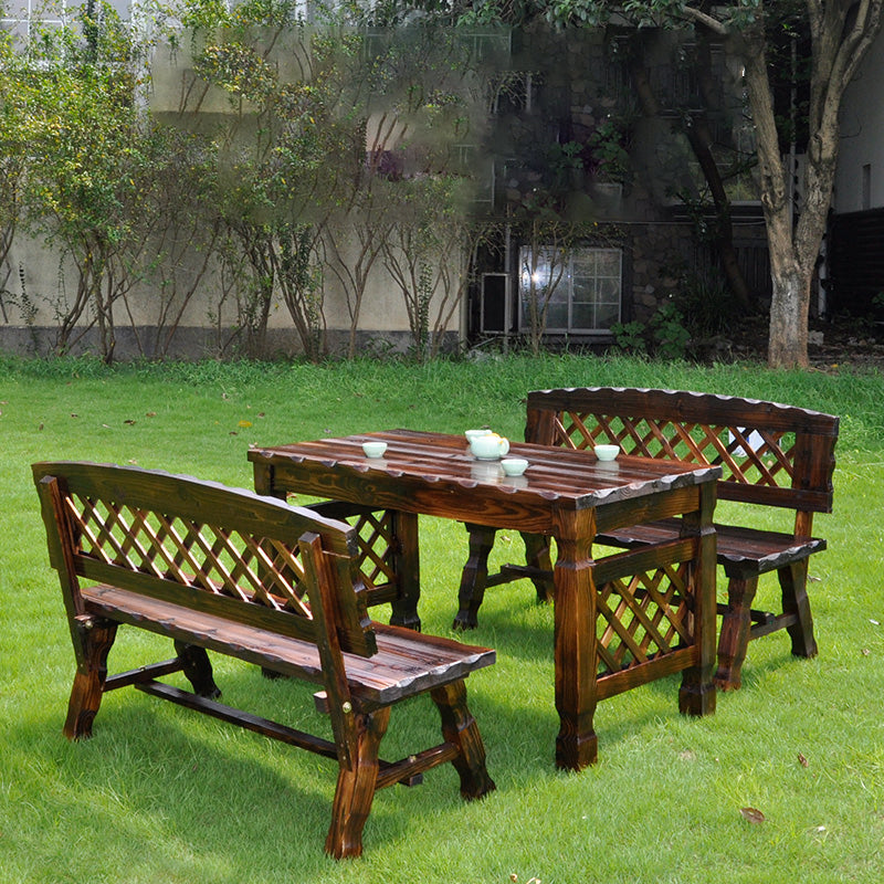 Contemporary Retro Fir Rectangular Outdoor Coffee Table & Chair Set with Lattice Design for Patio