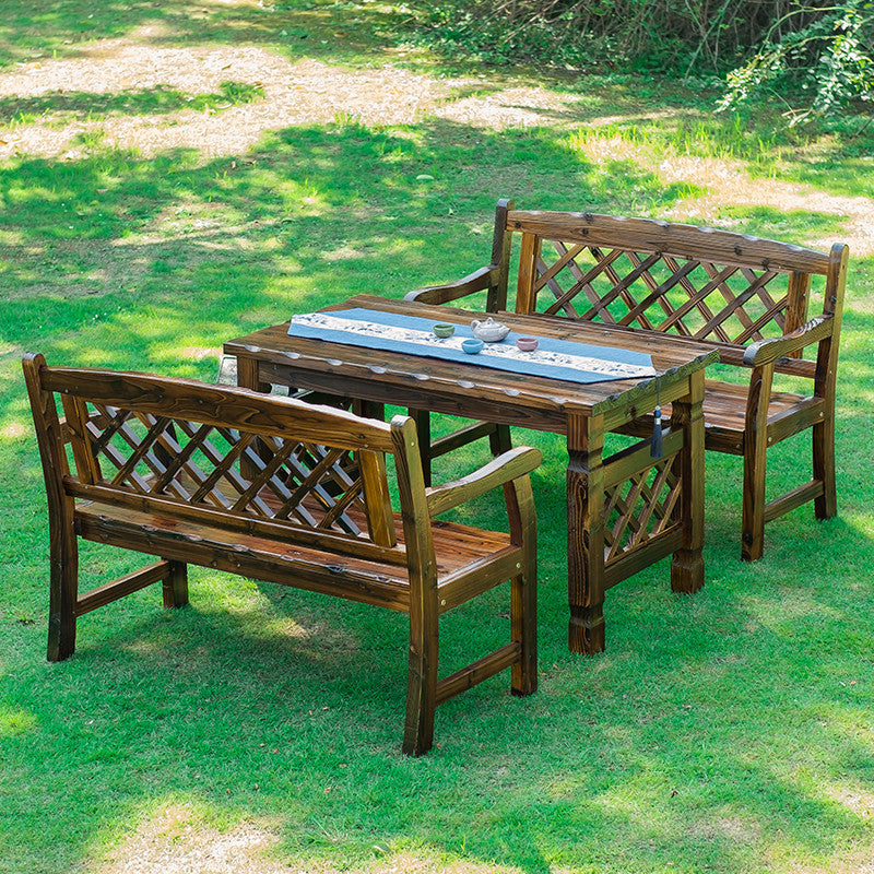 Contemporary Retro Fir Rectangular Outdoor Coffee Table & Chair Set with Lattice Design for Patio