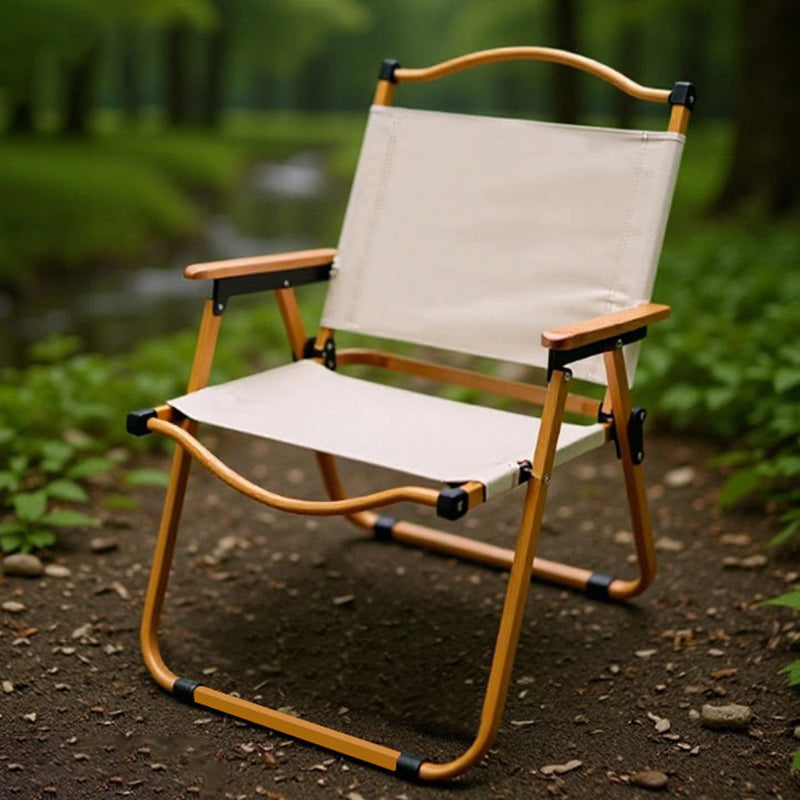 Modern Minimalist Outdoor Folding Chair — Carbon Steel Frame, Square Fabric Seat, Beech Wood Backrest and Armrests