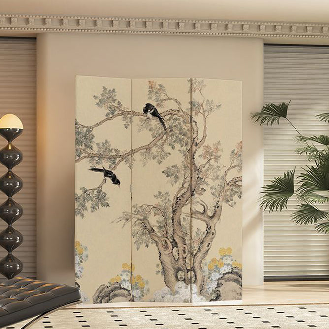 Traditional French-Style Rectangular Room Divider in Fir Wood with Floral and Bird Motif, Cotton Canvas Panels – Living Room Decor