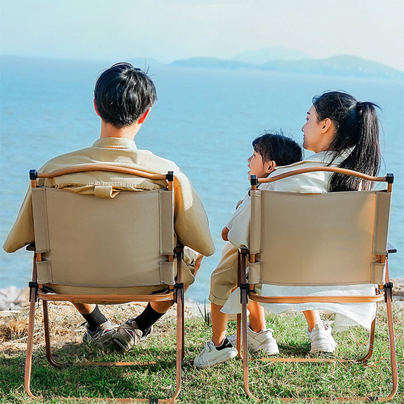 Modern Minimalist Outdoor Folding Chair — Carbon Steel Frame, Square Fabric Seat, Beech Wood Backrest and Armrests