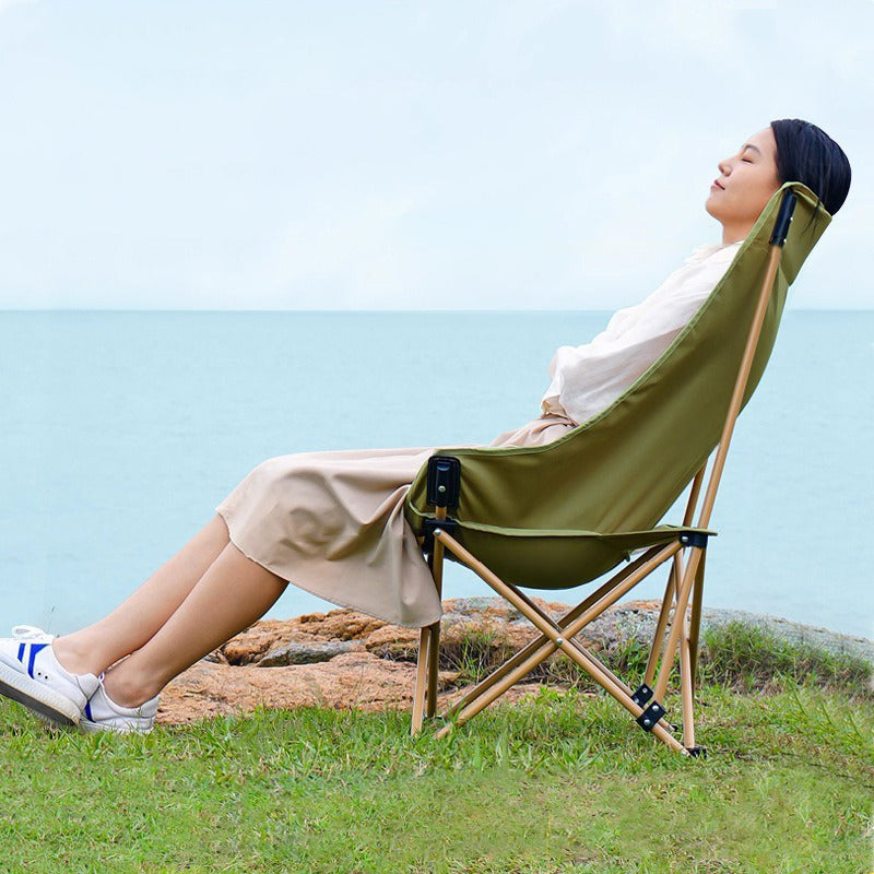 Modern Minimalist Outdoor Folding Chair — Carbon Steel Frame, Square Fabric Seat, Beech Wood Backrest and Armrests