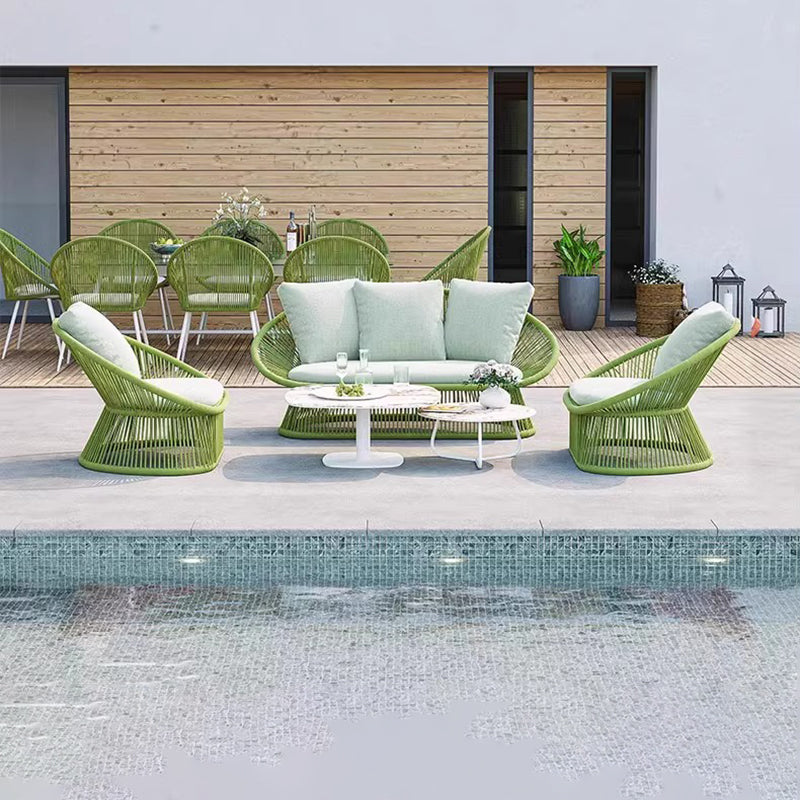 Contemporary Boho Waterproof Woven Rattan Rope Outdoor Coffee Table & Chair Set with Aluminum Alloy Slab – Round and Elliptical Patio Furniture