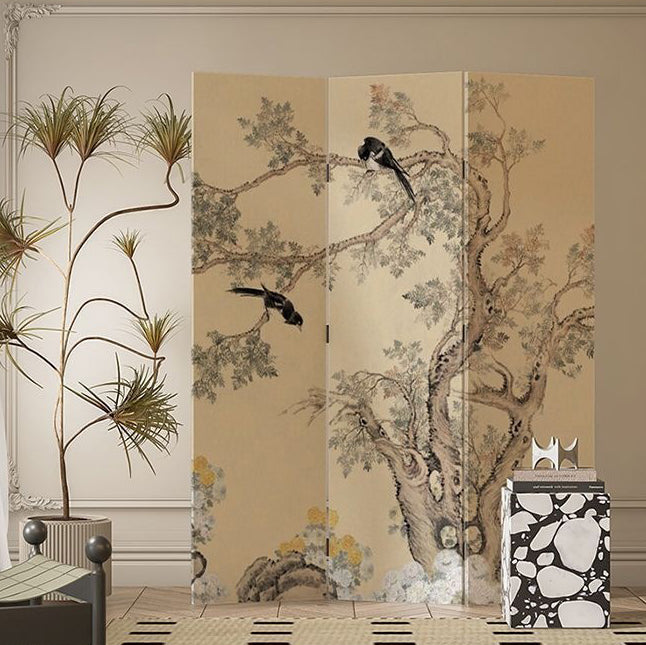 Traditional French-Style Rectangular Room Divider in Fir Wood with Floral and Bird Motif, Cotton Canvas Panels – Living Room Decor