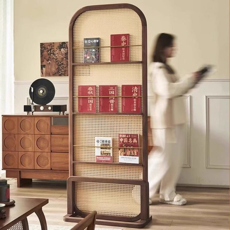 Traditional Chinese-Style Rubberwood Solid Wood Room Divider with PE Rattan Accents and 3-Tier Storage Shelf for Living Room