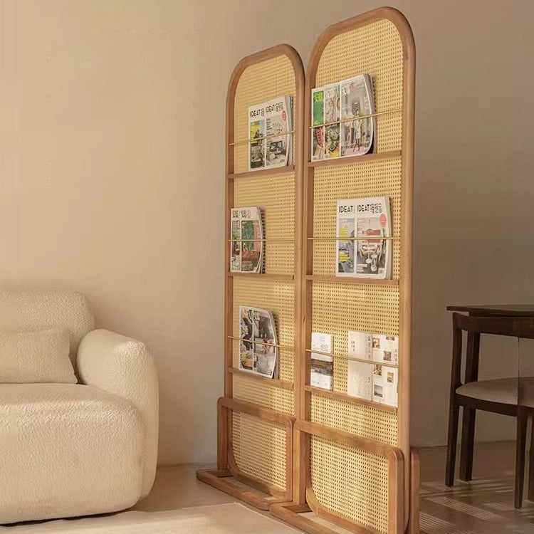 Traditional Chinese-Style Rubberwood Solid Wood Room Divider with PE Rattan Accents and 3-Tier Storage Shelf for Living Room