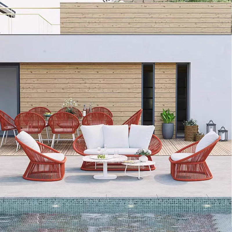 Contemporary Boho Waterproof Woven Rattan Rope Outdoor Coffee Table & Chair Set with Aluminum Alloy Slab – Round and Elliptical Patio Furniture