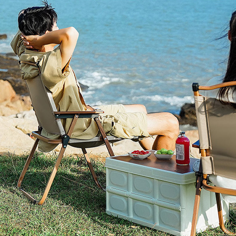 Modern Minimalist Outdoor Folding Chair — Carbon Steel Frame, Square Fabric Seat, Beech Wood Backrest and Armrests
