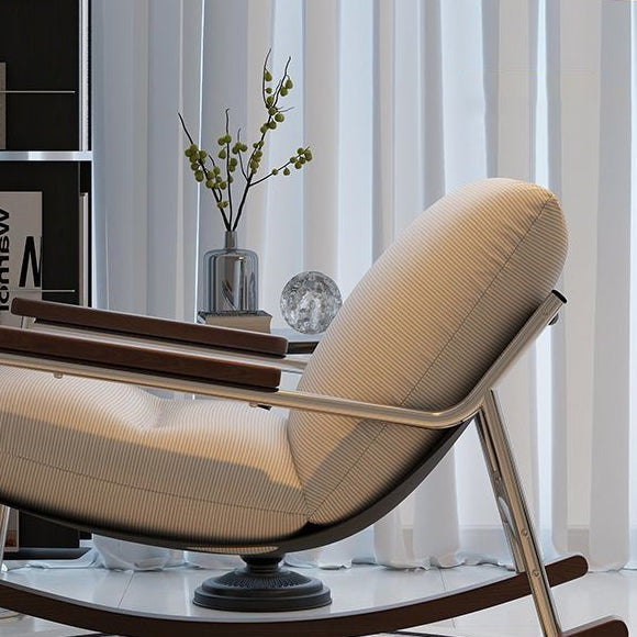 Modern Scandinavian Rocking Chair with Silver-Plated Iron Frame, Corduroy Upholstery, PP Cotton Cushions, and Solid Rubberwood — Ideal for Living Room
