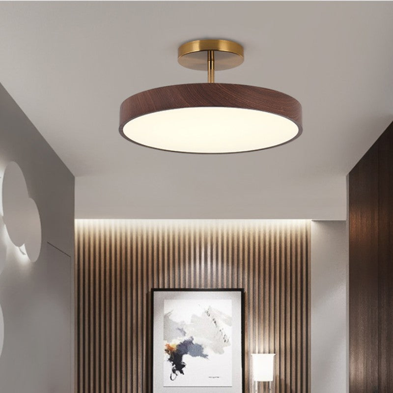 Elegant Japanese Wabi-Sabi Minimalist Wood-Grain Round LED Semi-Flush Mount Ceiling Light