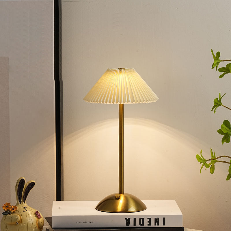 Modern Scandinavian Rechargeable Table Lamp – Iron Frame, Pleated Conical Fabric Shade, 1-Light, Perfect for Bedside