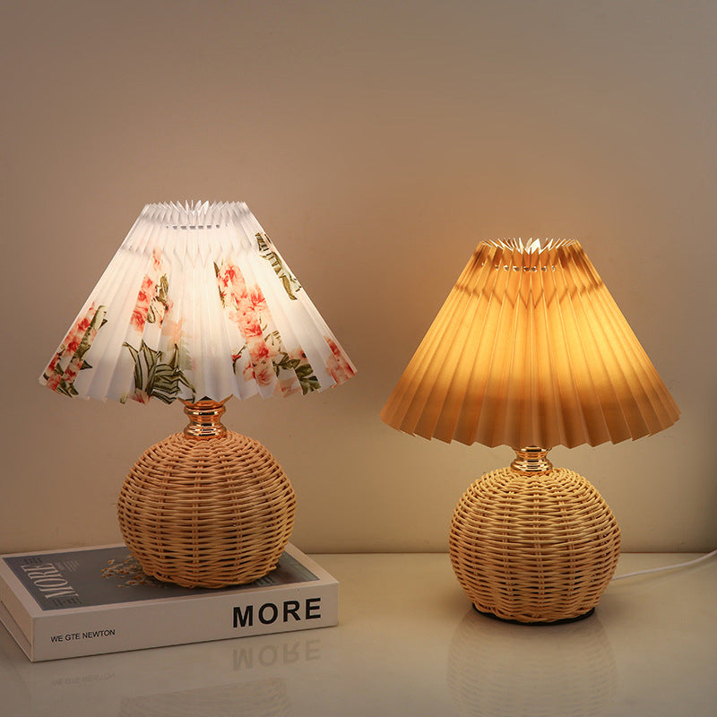 Chic Nordic Rattan Fabric Pleated Conic Ball LED Table Lamp for Bedroom - Modern Ambient Lighting