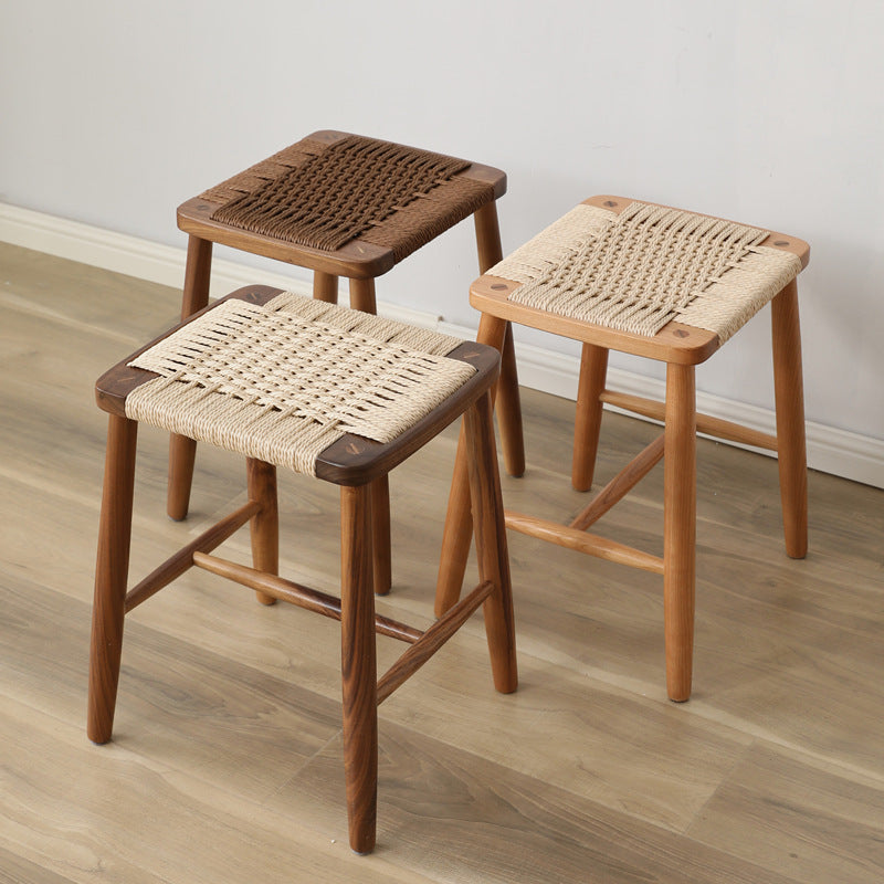Elegant Traditional Japanese Rectangular Rope-Woven Wooden Bar Stool for the Dining Room
