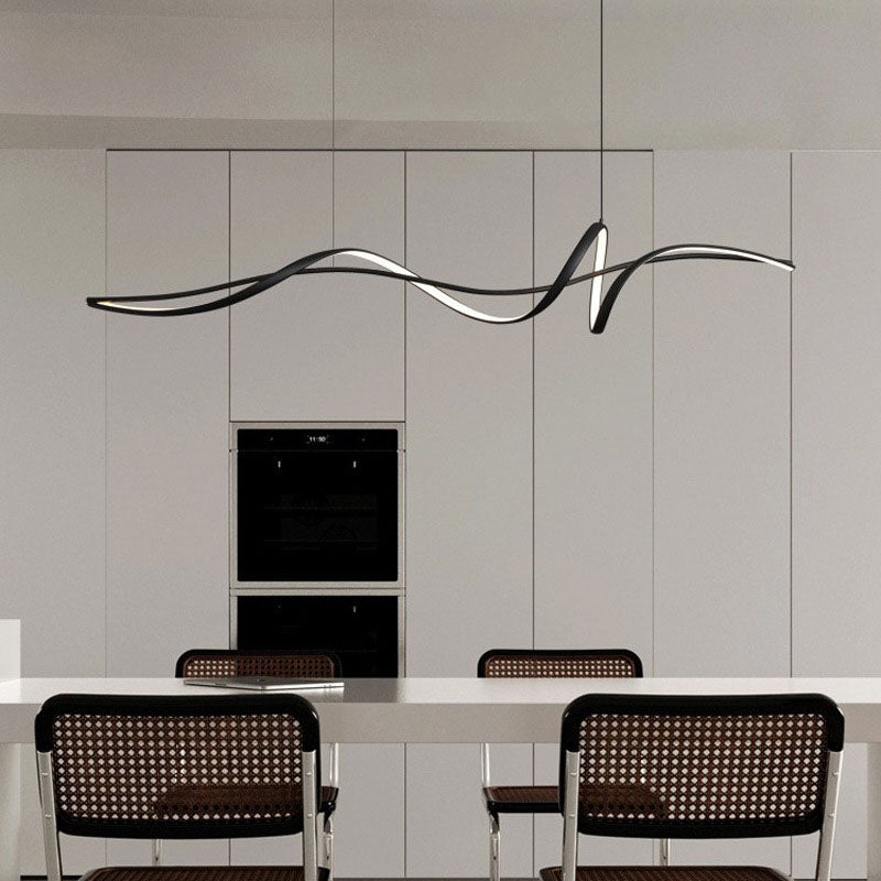 Modern Minimalist Wave Strip LED Chandeliers – Iron & Aluminum Frame with Silica Glass, Island Light for Dining Room
