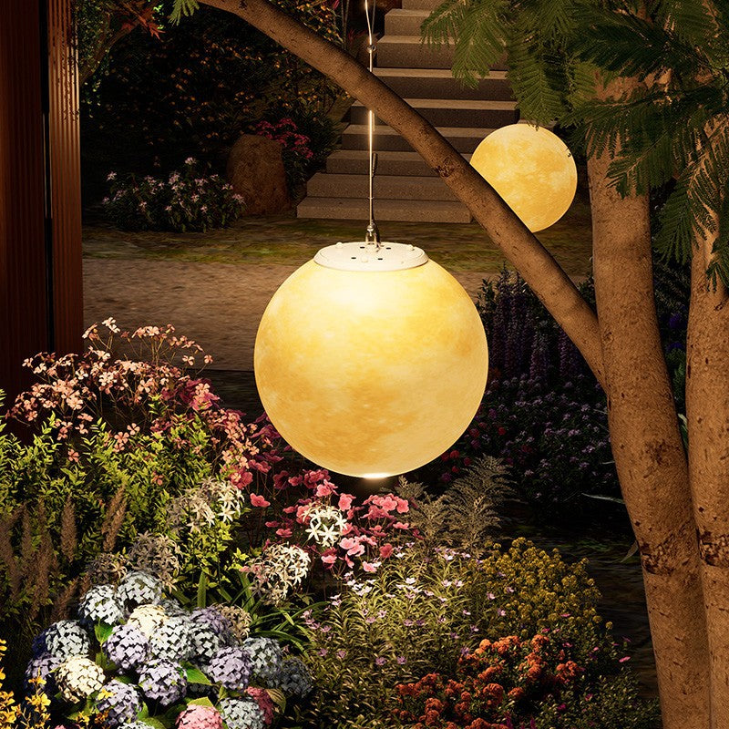Nordic Contemporary Solar Moon LED Pendant Light – Waterproof Round PE Resin Outdoor Patio Lighting