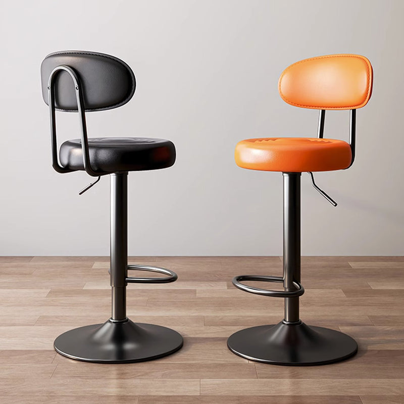 Modern Minimalist Round Upholstered Bar Stool with Curved Backrest in Microfiber Leather & Metal – Ideal Dining Room Chair