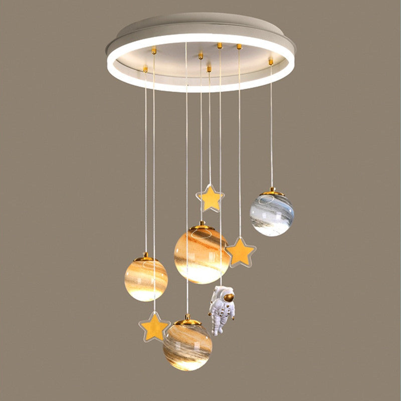 Modern Scandinavian Space Planet LED Kids Flush Mount Ceiling Light with Round Acrylic Glass Shade – Ideal for Bedroom