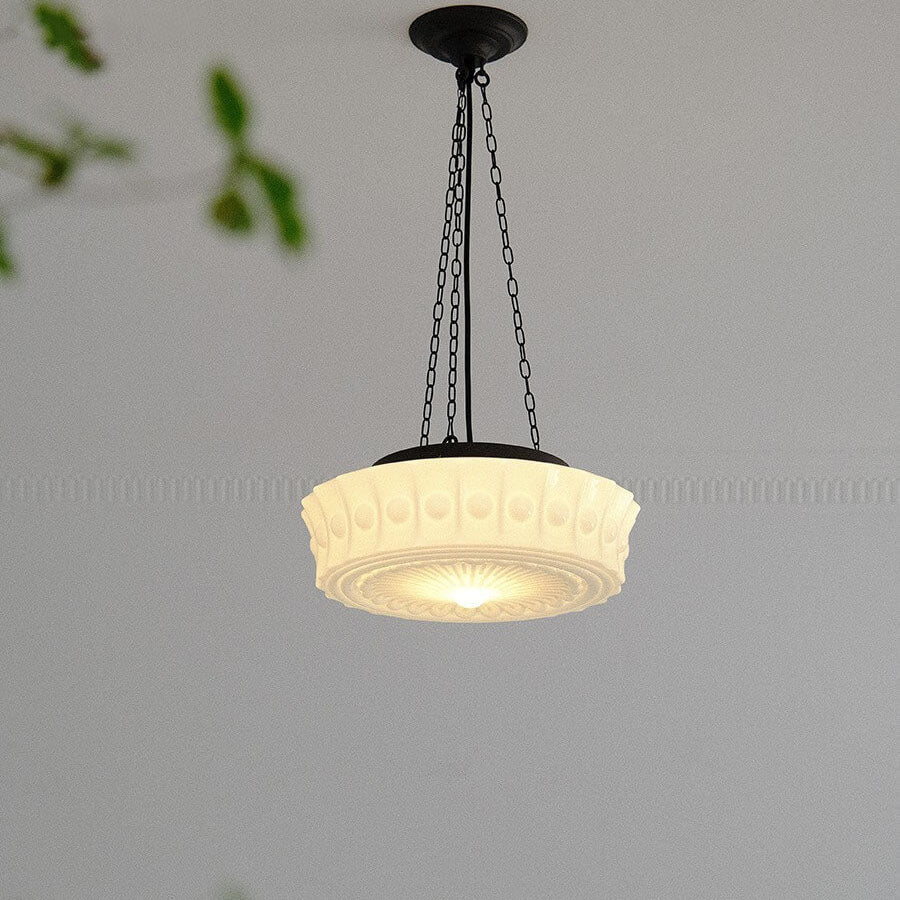 French Vintage White Jade Glass Striped Round Drum LED Semi-Flush Ceiling Light