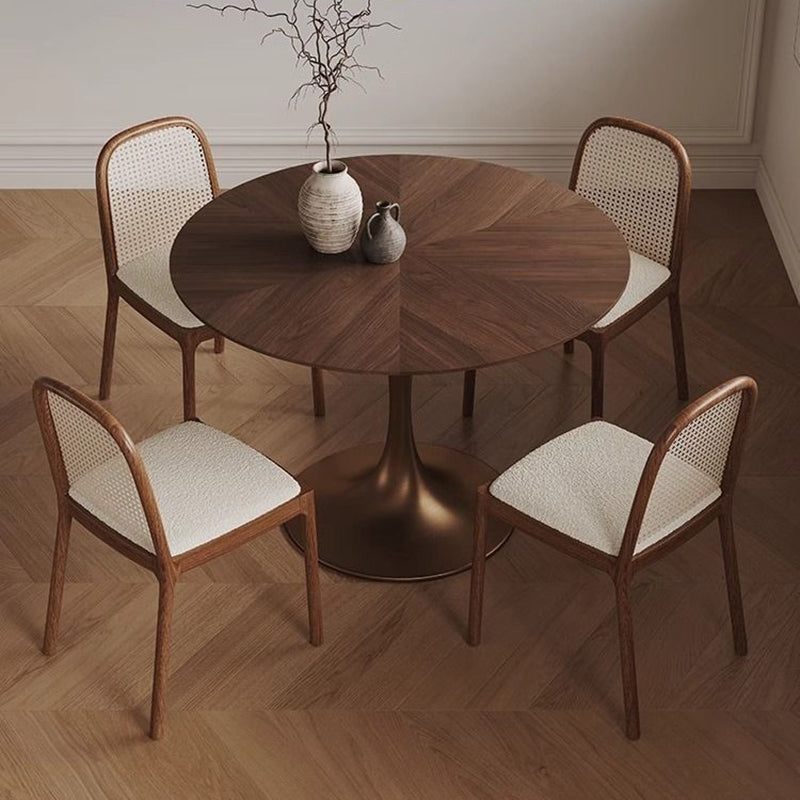 Chic Contemporary Retro Round Walnut & Copper Rattan Dining Table with 2 Chairs