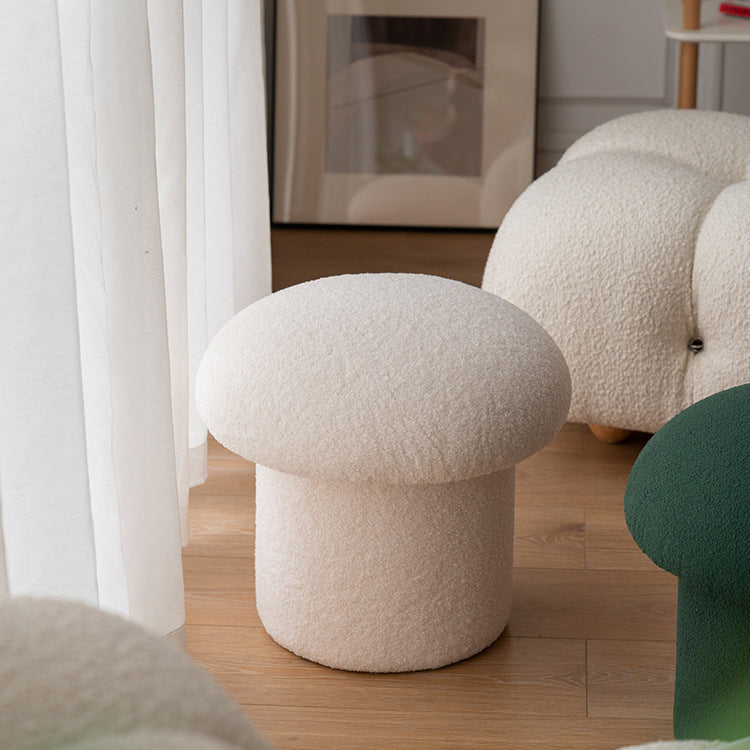 Modern Minimalist Mushroom-Cylinder Vanity Stool with Lambswool Upholstery and Wood Base for Bedroom