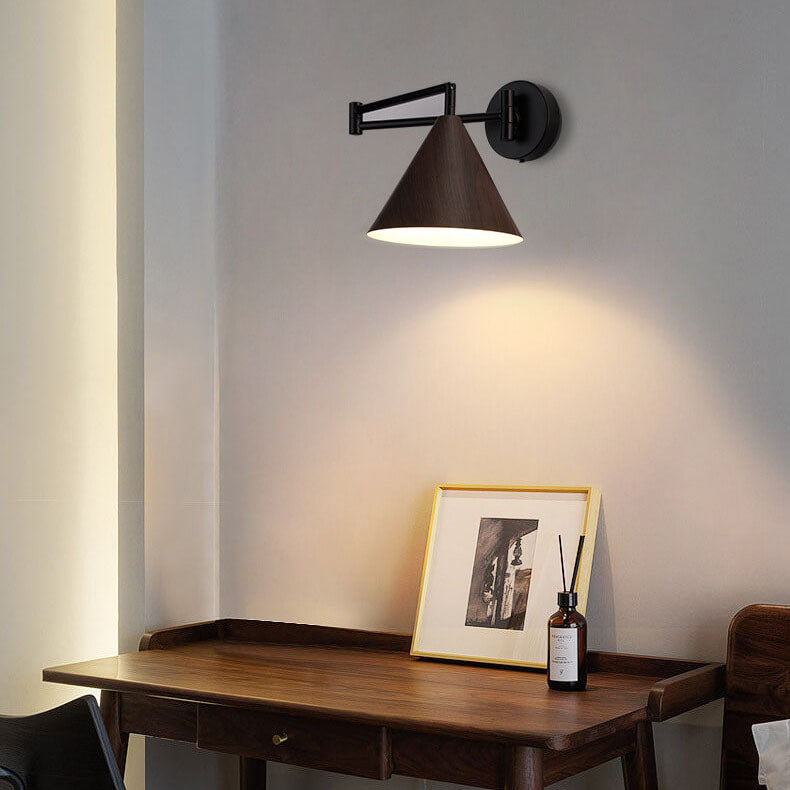 Nordic Minimalist Cone Swing Arm Wall Sconce Lamp - Wood Grain Iron Finish, 1-Light