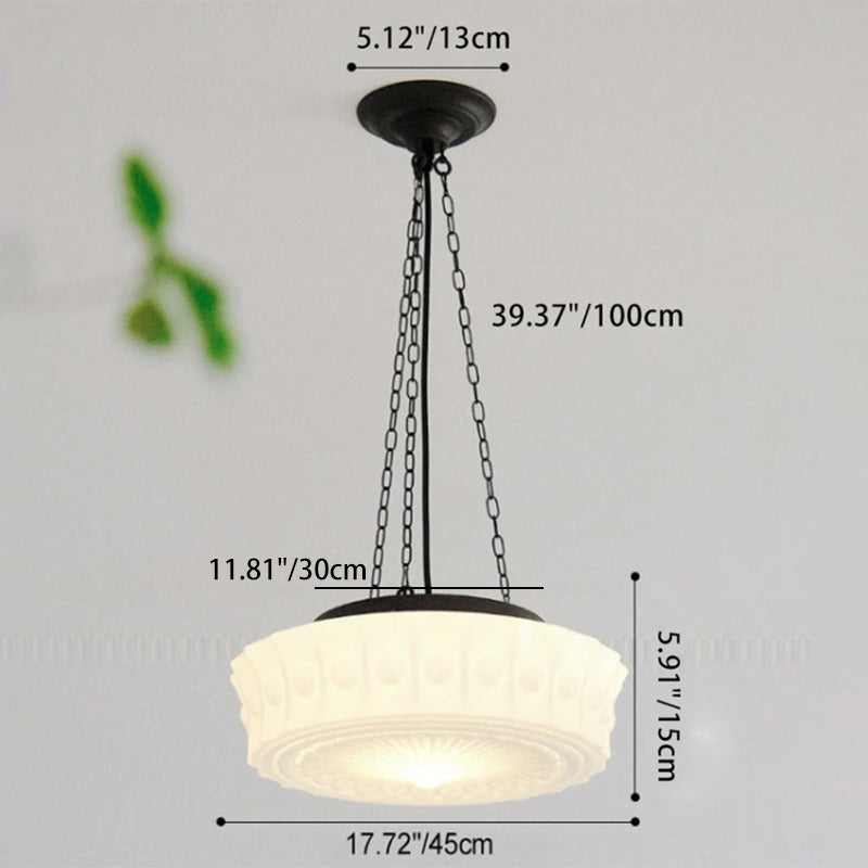 French Vintage White Jade Glass Striped Round Drum LED Semi-Flush Ceiling Light