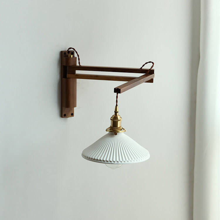 Nordic Milk-White Striped Glass and Walnut 1-Light Wall Sconce with Retractable Arm