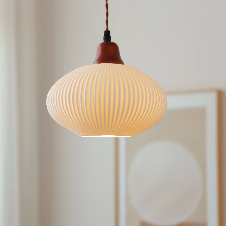 Elegant Japanese Vintage Pleated Ceramic Round Dome Wood 1-Light Pendant Lamp