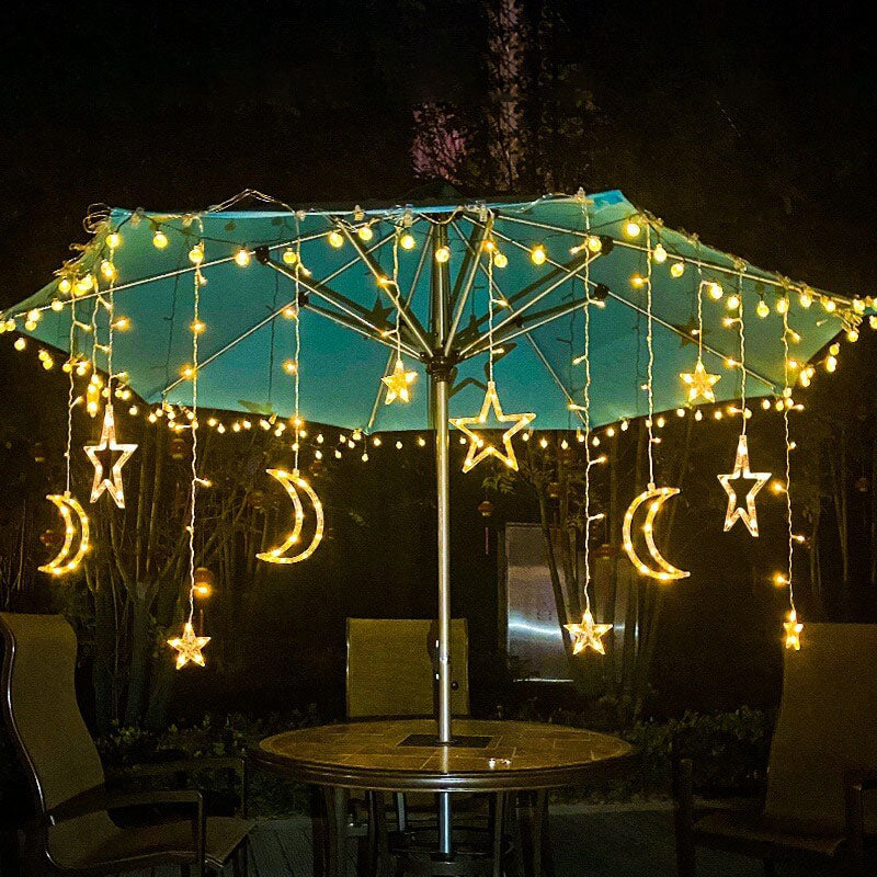Solar-Powered LED Curtain Lights β Star & Moon Design, Outdoor Christmas String Lights for Patio, Garden and Camping