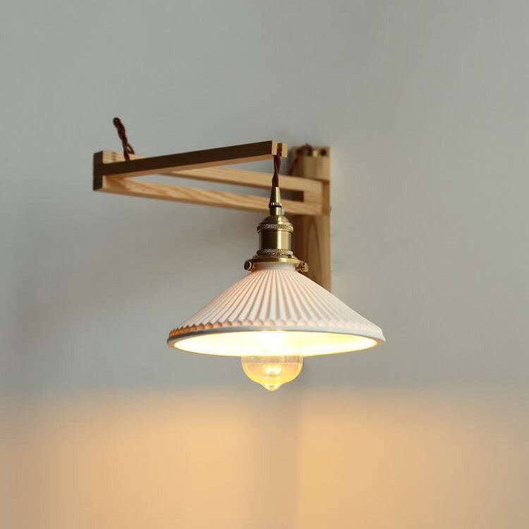 Nordic Milk-White Striped Glass and Walnut 1-Light Wall Sconce with Retractable Arm