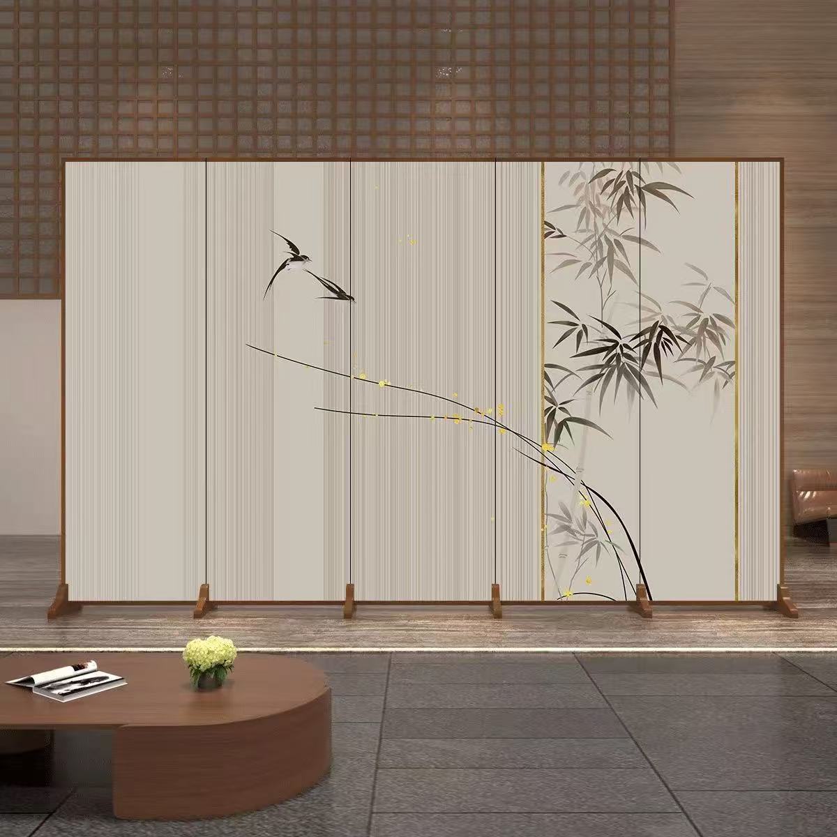 Traditional Chinese-Style Rectangular Fir Wood Room Divider - Solid Wood, Plywood, and Cotton Canvas for Living Room