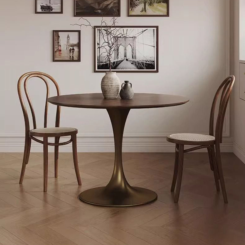 Chic Contemporary Retro Round Walnut & Copper Rattan Dining Table with 2 Chairs