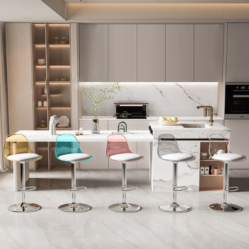 Contemporary Scandinavian Curved Acrylic Bar Stool with Metal Base — Adjustable Swivel, Backrest and Footrest for Kitchen