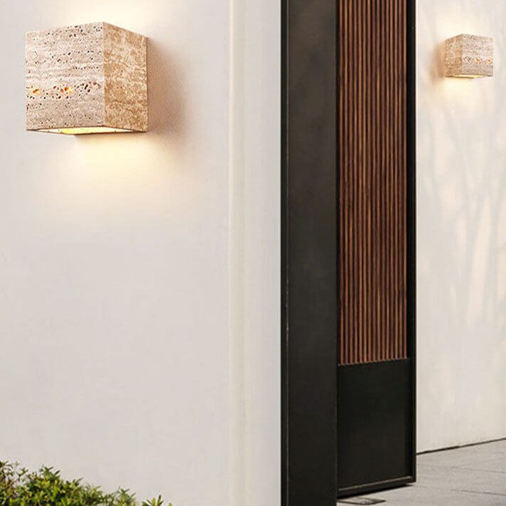 Yellow Travertine LED Wall Sconce – Modern Minimalist, Square-Rectangular Design for Outdoor Patio