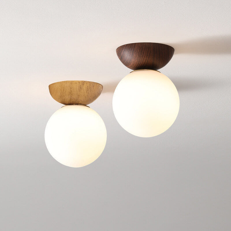Nordic Japanese Glass Orb Ceiling Light — Wood Grain Iron Finish, 1-Light