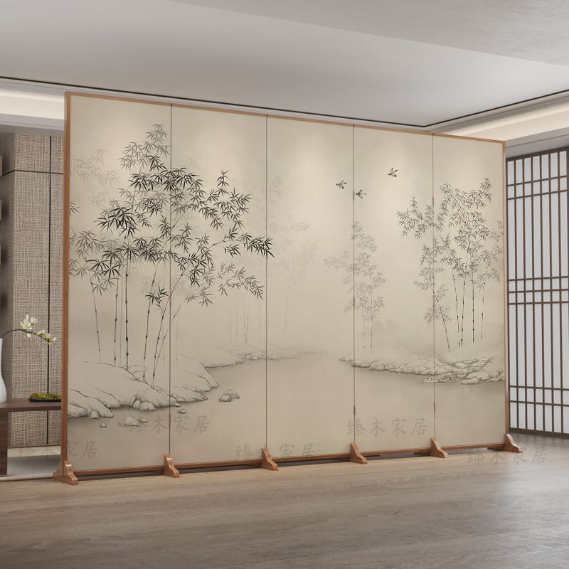 Traditional Chinese-Style Rectangular Fir Wood Room Divider - Solid Wood, Plywood, and Cotton Canvas for Living Room