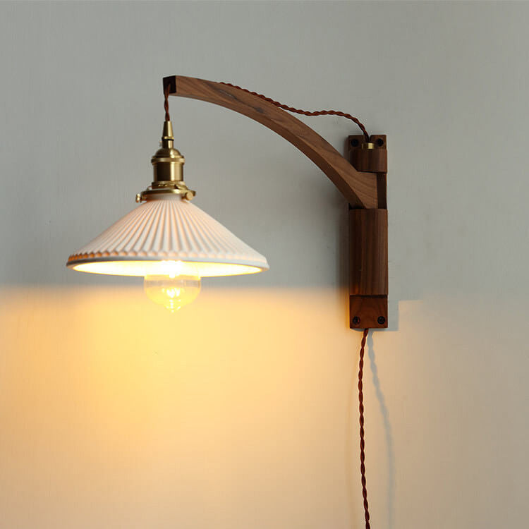 Nordic Milk-White Striped Glass and Walnut 1-Light Wall Sconce with Retractable Arm