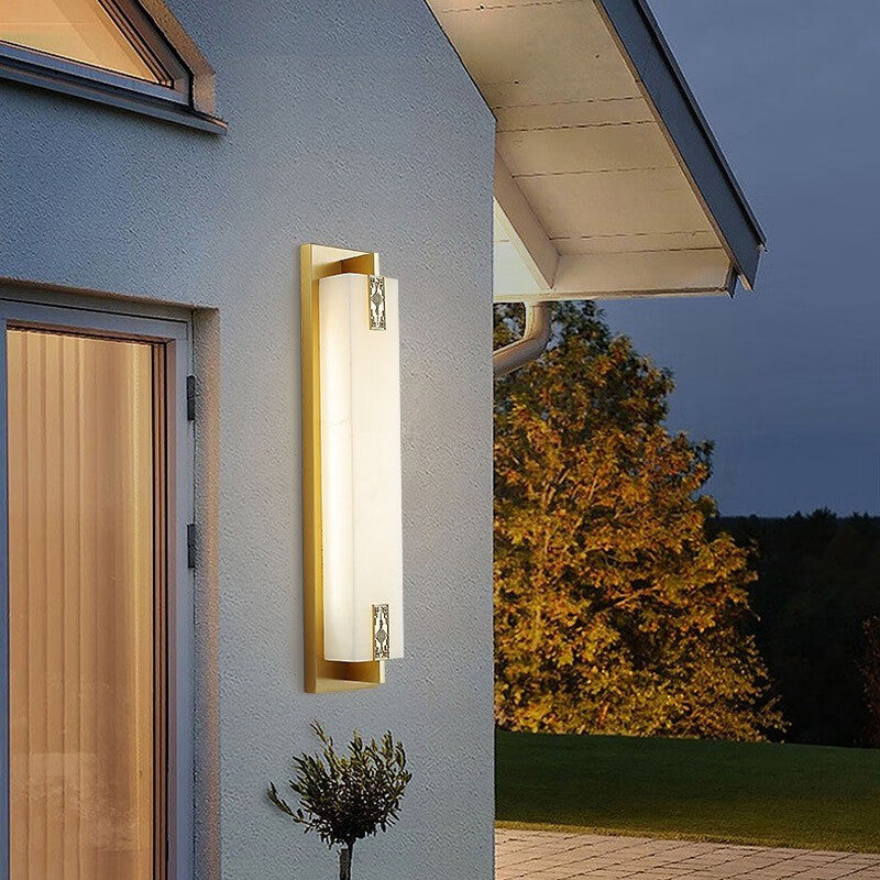 Elegant Modern-Transitional Rectangular Copper-Marble LED Outdoor Wall Sconce Lamp for Patio