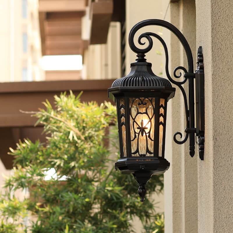 European Outdoor Wall Sconce Lamp – Carved Cage, Aluminum & Glass, 1-Light