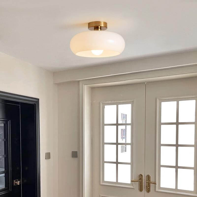Modern Retro Round Solid-Color Glass Pendant Light with Electroplated Copper Finish — 1-Light, Pendant or Flush Mount