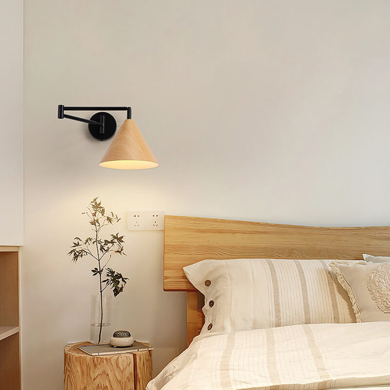 Nordic Minimalist Cone Swing Arm Wall Sconce Lamp - Wood Grain Iron Finish, 1-Light