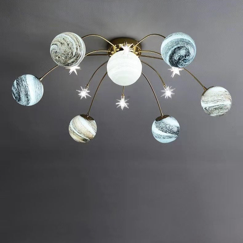Contemporary Nordic Kids' Iron & Glass Globe Ceiling Light, 13-Light Semi-Flush Mount for Bedroom
