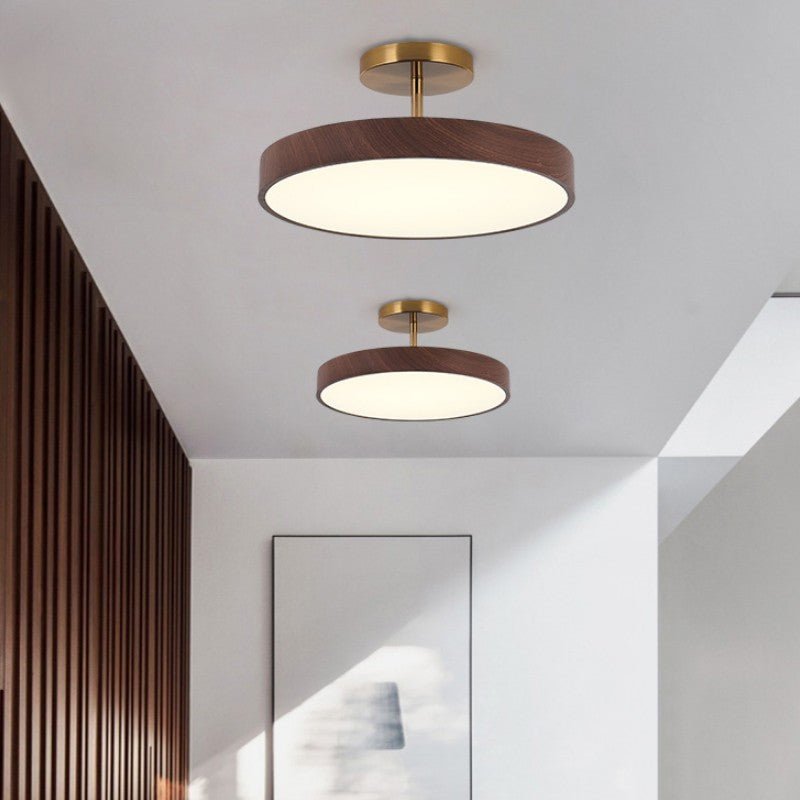 Elegant Japanese Wabi-Sabi Minimalist Wood-Grain Round LED Semi-Flush Mount Ceiling Light