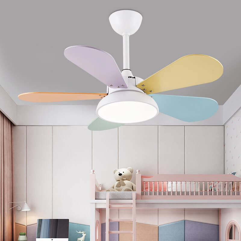 Simple Colorful Round Leaf Ceiling Fan for Kids with Light and Downrod