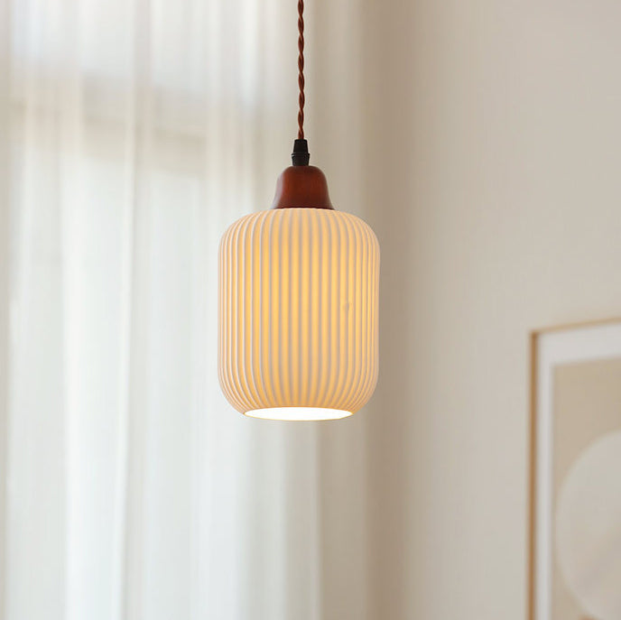 Elegant Japanese Vintage Pleated Ceramic Round Dome Wood 1-Light Pendant Lamp